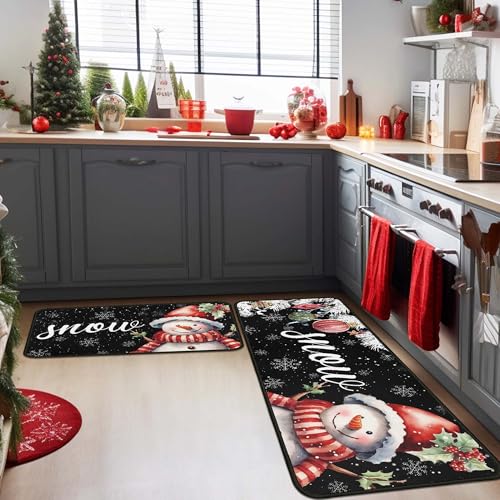 Black Snowman Snowflake Christmas Kitchen Rugs Set of 2 - 17x47 and 17x30 Inches, Non-Slip Holiday Floor Mats for Home & Kitchen, Variation: Black / 1'5" x 3'11"
