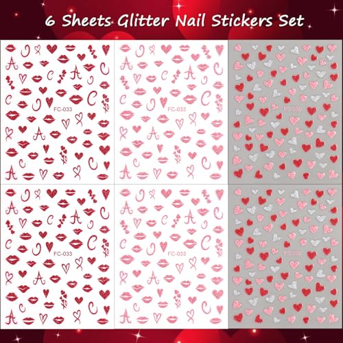 Valentine Glitter Nail Stickers Set - Red Pink Heart & Lips Decals 6 Sheets