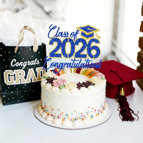 Class of 2026 Graduation Cake Topper - Blue & Gold Glitter Decor