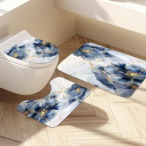 Navy Marble Floral Shower Curtain Set with Bath Mats - 4 Pieces