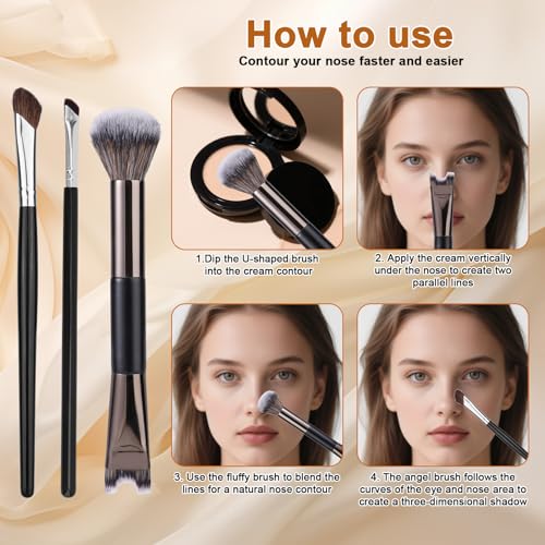 BOXOB 3pcs Sculpting Dual-End Nose Contour Brush Set with U-Shaped and Angled Makeup Brushes