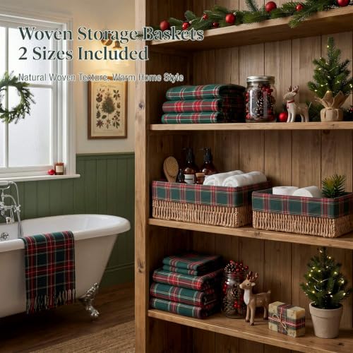 2 Pcs Christmas Toilet Paper Storage Baskets - Green Buffalo Plaid, Scottish Tartan