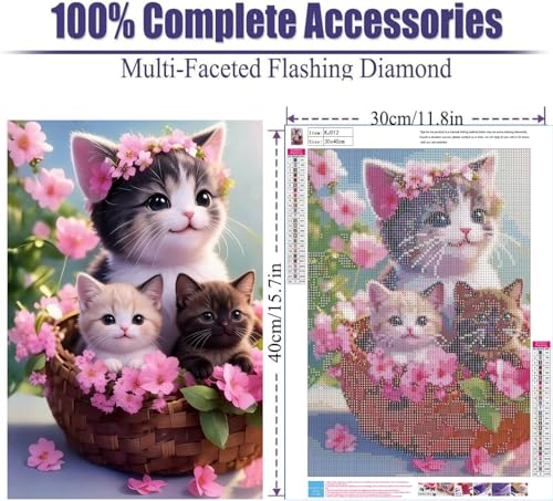 NebuIuxe Kittens in Flower Basket 5D Diamond Painting Kit 12x16 Inch