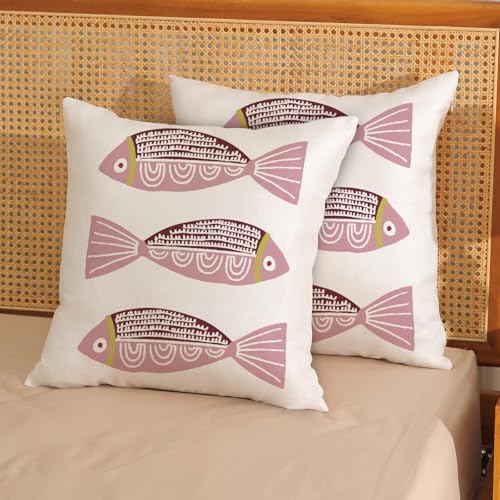 Coastal Pink Fish Pillow Covers 18x18 Inch Set of 2 - Nautical Throw Pillows for Home Decor