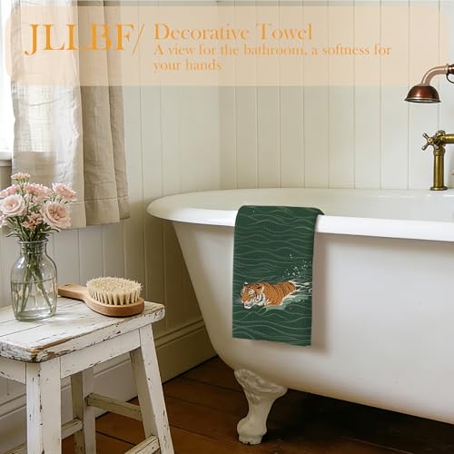 JLLBF Tiger Kitchen Hand Towels - Vintage Japanese Tiger Design, 16x24 Inch, Tiger Lovers Gift, Dark Green, Tiger Variation