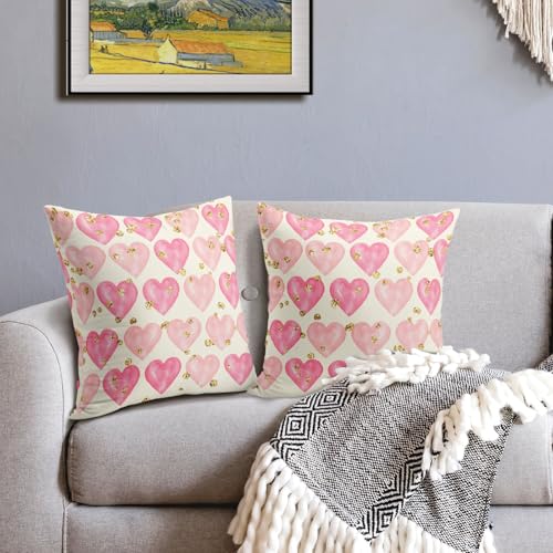 Valentine's Day Decorative Pillow Covers - Set of 2, 18x18 Inch Pink Heart with Golden Polka Dots