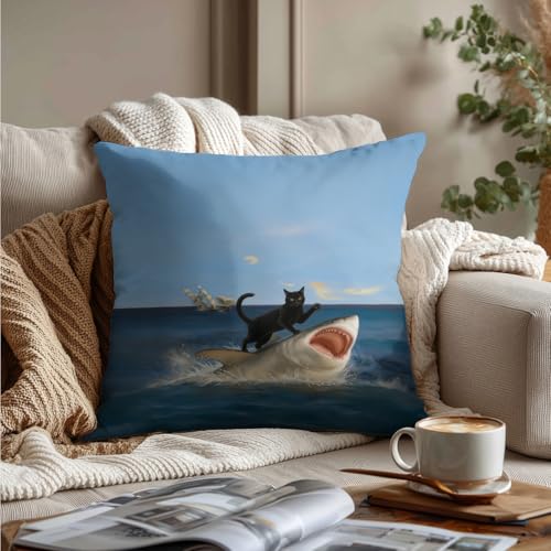 Funny Black Cat & Shark Pillow Cover 18x18 - Quirky White Cat Design