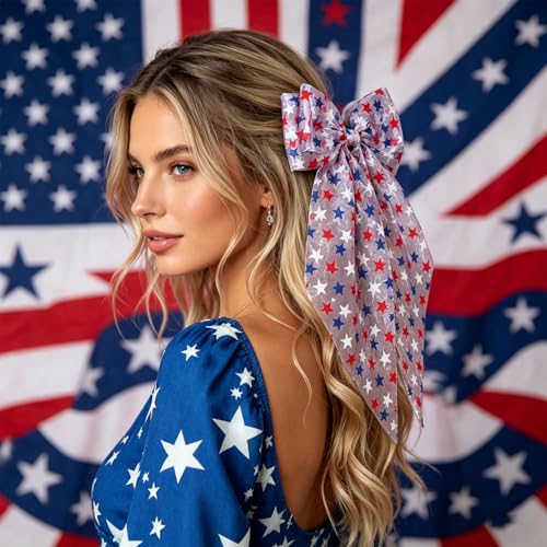 Patriotic 4th of July Hair Bow Clip - Red White Blue Star Tulle Barrette