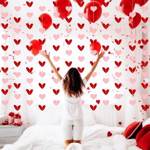 TaoQ C Red and Pink Heart Paper Garland Banners 12-Pack for Valentine's Day Wedding and Party Decorations