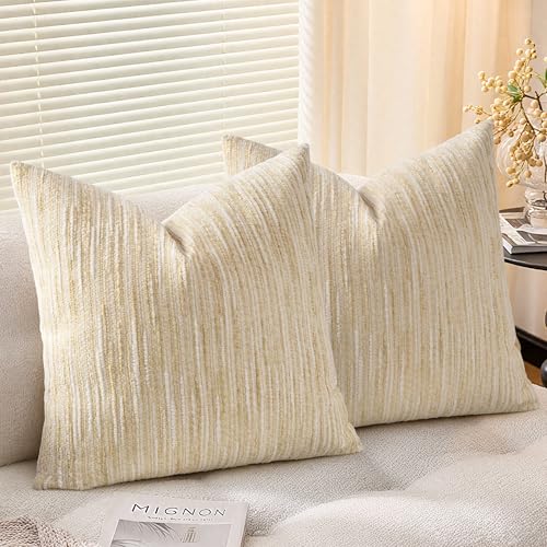 AELS 20x20 Beige Chenille Striped Throw Pillow Covers, Set of 2, Boho Style