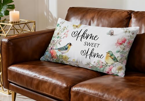 Home Sweet Home Floral Bird Lumbar Pillow Covers - Set of 2, 12x20 Inch