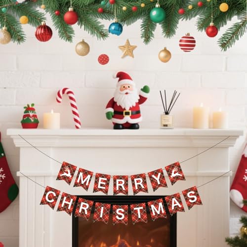 Pre-Strung Merry Christmas Banner - Red & Black Check Decoration