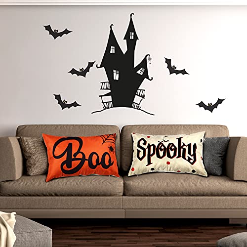 Halloween Pillow Covers Set - Spooky Boo Letter & Web Design, Linen Sofa Cushions, 20x12 Inches