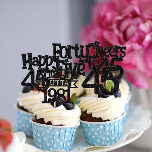 30PCS Happy 45th Birthday Cupcake Toppers Glitter Black Picks