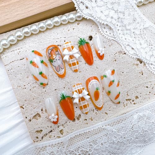 Easter Carrot Rabbit Press on Nails Medium Almond French Tip False Nails