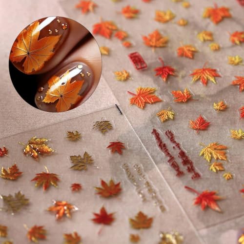 5D Embossed Fall Maple Leaf Nail Art Stickers Self-Adhesive Red Leaves Decals