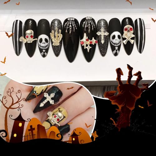 CESUSME 35 Pcs Gold Punk Nail Charms Alloy Skull Skeleton Hand Gems