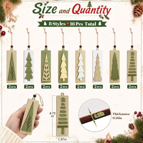 Neutral Rustic Wooden Christmas Tree Ornaments Set - Green Variation, 16 Pcs