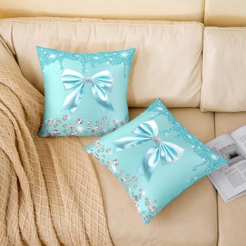 Erosebridal Teal Bowknot Throw Pillow Covers, 18x18 Inch Square Set of 2