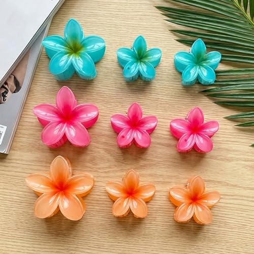 9-Piece Hawaiian Flower Claw Clips Set, Tropical Plumeria Hair Accessories