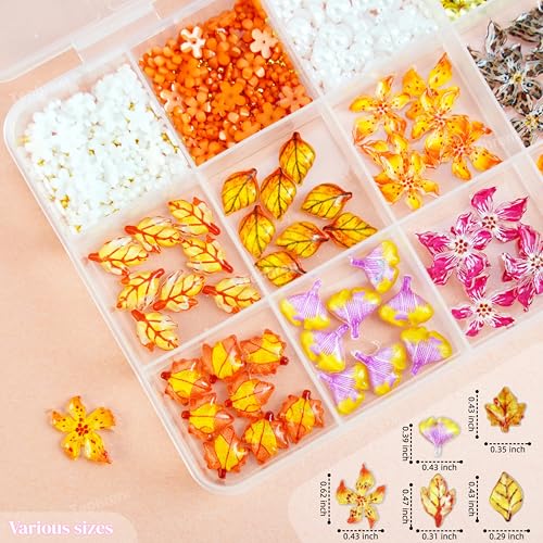 Tephrent 3D Flower Nail Charms Fall Maple Leaf Rhinestones and Pearls