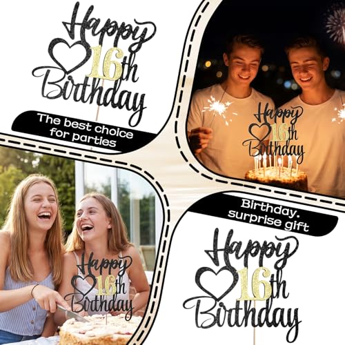 Black Glitter 16th Birthday Cake Topper - Happy 16th Decoration