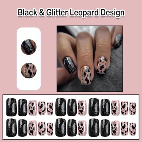 Black Press on Nails Short Square Glitter Leopard False Nails 24Pcs