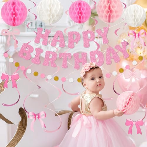 Amandir Pink Birthday Decorations Set with Glitter Banner & Bow Cutouts