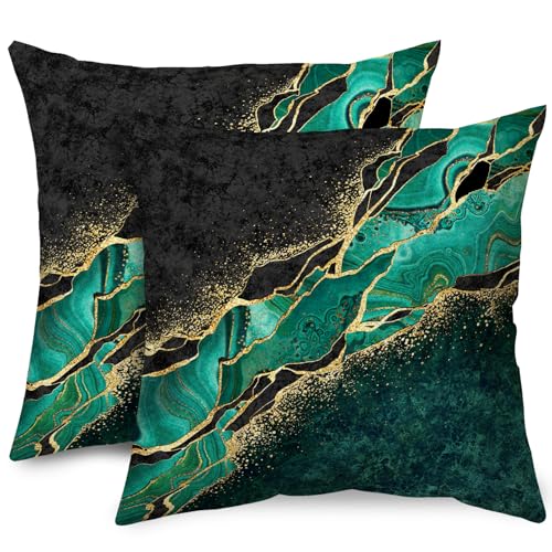 Lnond Velvet Decorative Throw Pillow Covers Set of 2 - 18x18 Inch Green Gold Marble