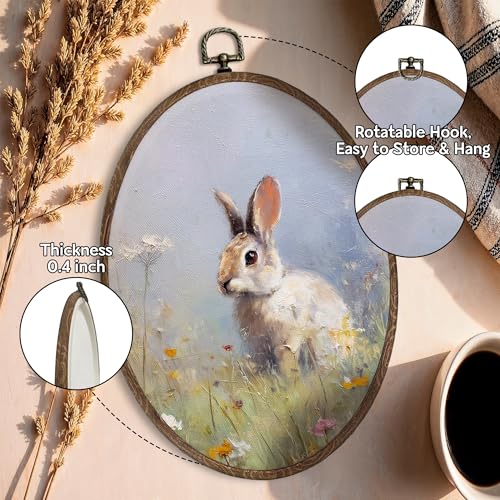 Easter Bunny Oval Wall Art Decor - Rustic Spring Rabbit Canvas 8.6x11.4
