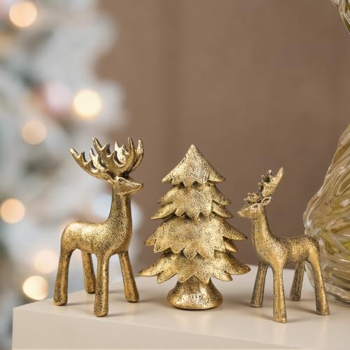 Christmas Reindeer & Tree Figurines Set of 3 - Gold Resin Holiday Decor - Variation of Reindeer & Tree
