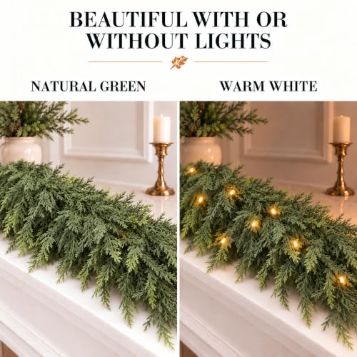 9 FT Lighted Cedar Garland with Warm White LEDs - Real Touch Artificial Greenery for Holiday Decor