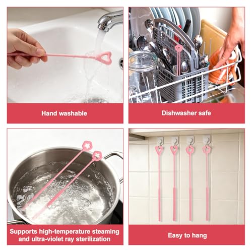 Penitue Silicone Straw Cleaner Brushes - 4 Pack, Pink Star & Heart