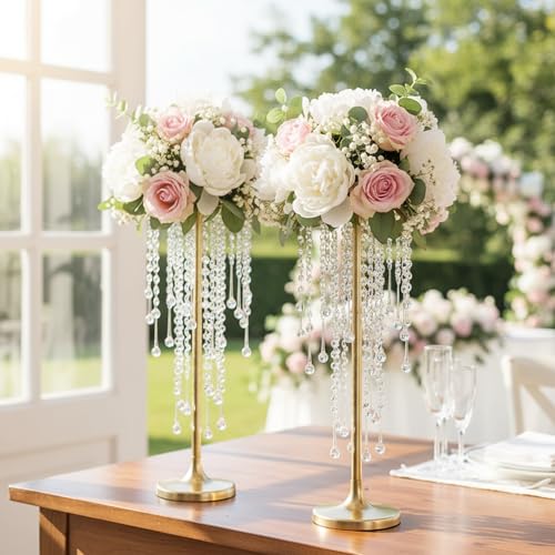 Tall Gold Vases for Table Centerpieces - 2pcs with Crystal Beads - Elegant Flower Stands, 21.7in, Gold / 2 x S
