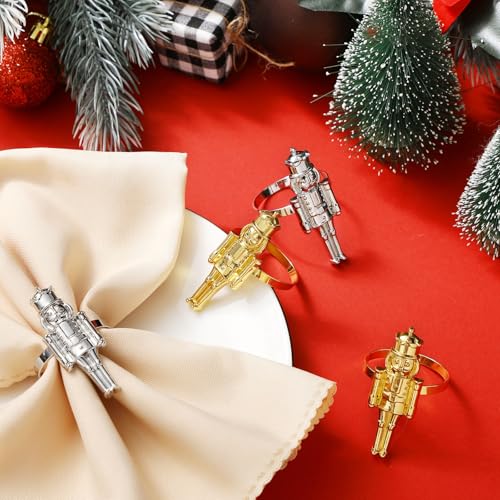 12 Pcs Christmas Nutcracker Napkin Rings - Gold & Silver Metal Holiday Table Decor