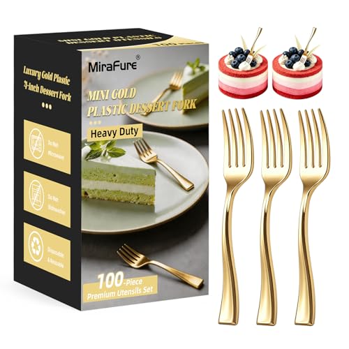 MiraFure 4-Inch Gold Mini Plastic Forks - 100 Pack Heavy Duty Appetizer Forks