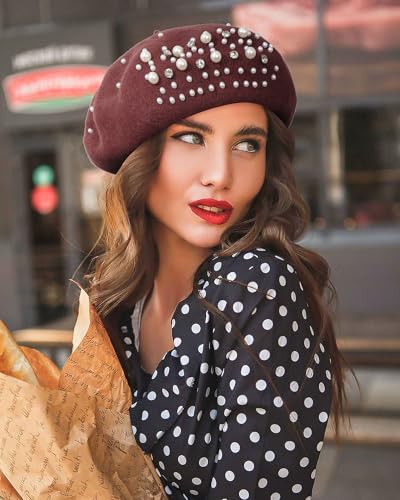 AWAYTR French Wool Beret Hat with Pearls & Rhinestones for Women