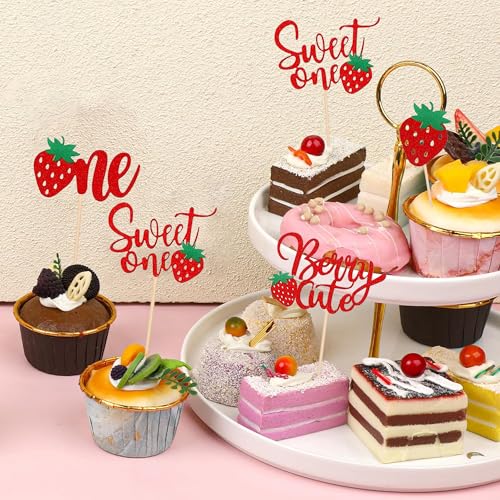 Glitter Strawberry 1st Birthday Cupcake Toppers - 12 Pcs Sweet One Party Supplies
