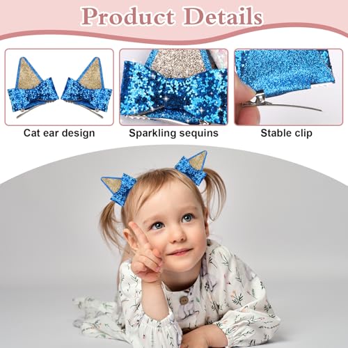 GUGUMO 2 Pcs Blue Glitter Ear Hair Clips with Bows for Cosplay and Parties