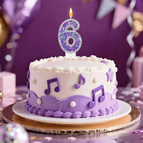 Lurevian Silver-Purple Fantasy Number 6 Birthday Candle with Glitter Star Fill, Cake Topper
