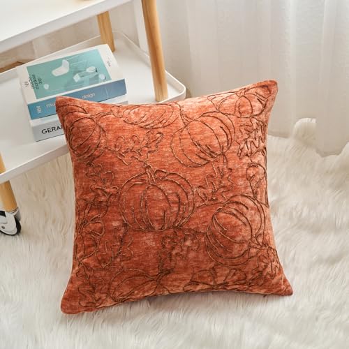 Fall Pumpkin Pillow Cover 18x18 Inch Chenille Decorative Cushion