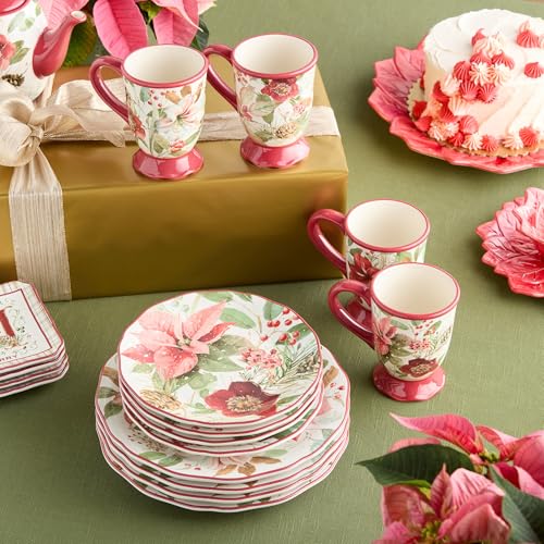 Winter Blooms 16-Piece Holiday Dinnerware Set - Floral Plates, Mugs & Bowls for Christmas