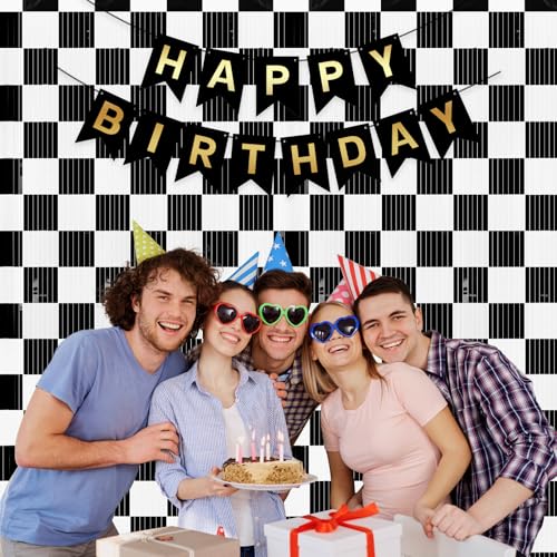 PreJoyStar Car Foil Fringe Curtains - Race Car Themed Backdrop 2 Pack, 3.3 x 6.6 Ft, Black & White Checkered Party Decorations