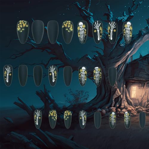 AROVFAM Halloween Press on Nails Medium Almond Skull Fake Nails 24Pcs