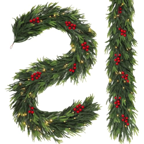 Christmas Garland with Lights 6FT Red Berries & Pine - Double Variation