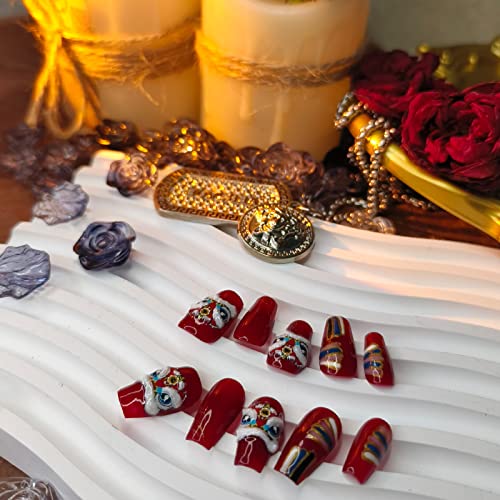 Ricefod Handmade Press on False Nails Luxury Coffin Red Medium 10pcs