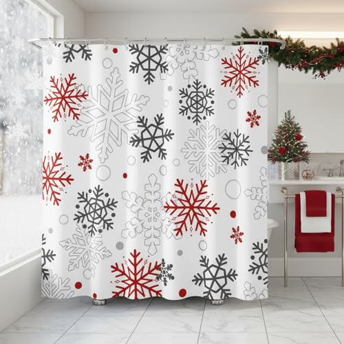 Christmas Snowflake Shower Curtain Red & Grey 72" x 72" with Hooks
