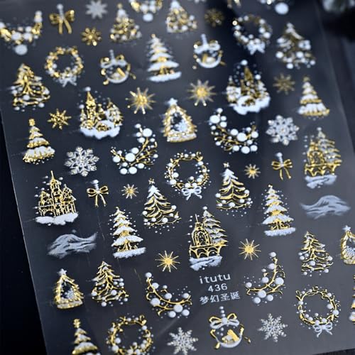 5D Embossed Christmas Nail Art Stickers Self-Adhesive Gold Silver Winter Decals