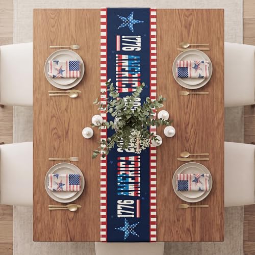 Patriotic 4th of July Table Runner 13x72" Linen Red White Blue