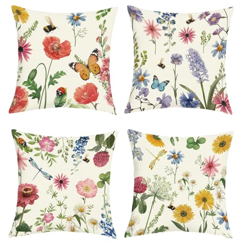 Joymaison Flower-03 Red Floral Butterfly Throw Pillow Covers Set of 4 18x18